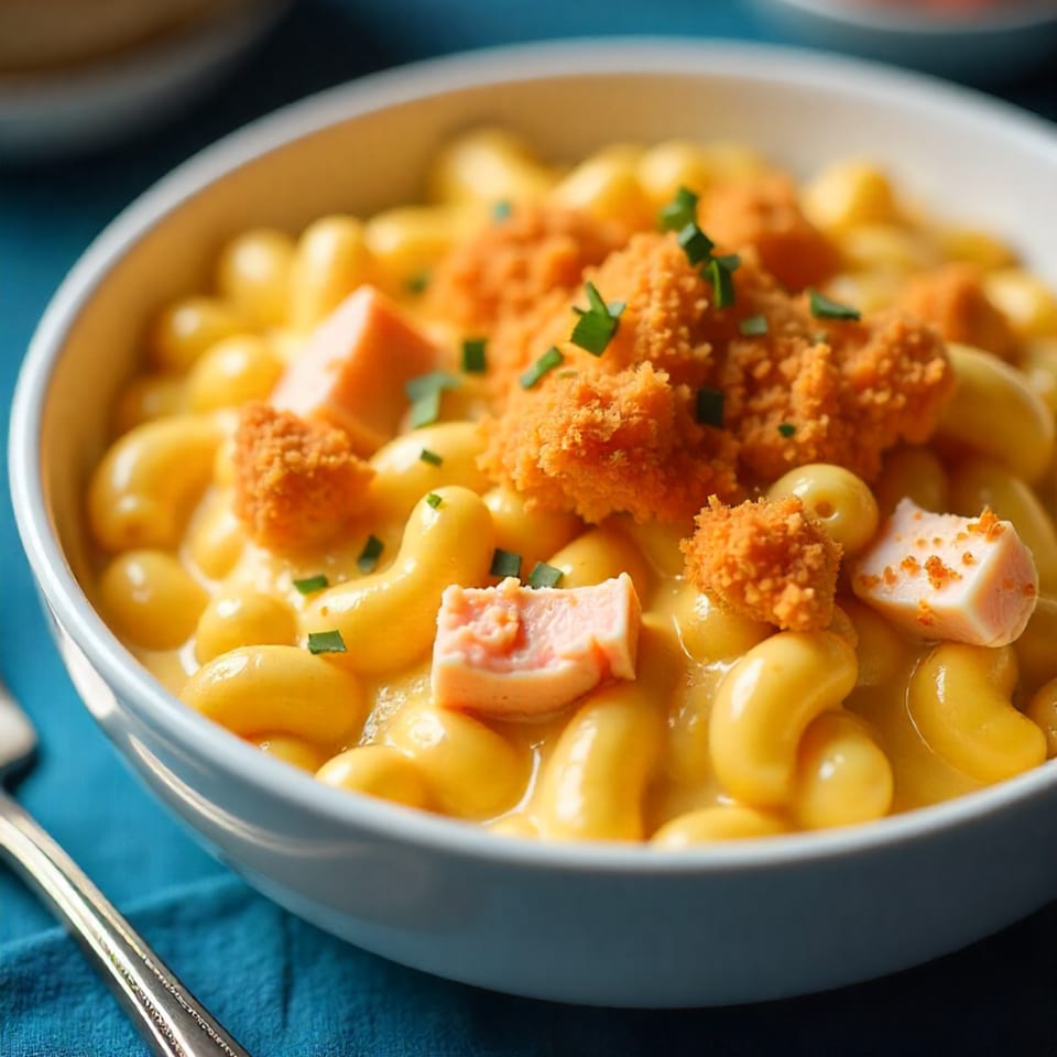 Close-up of Boston Seafood Company's macaroni and cheese with salmon, breadcrumbs, and chives.
