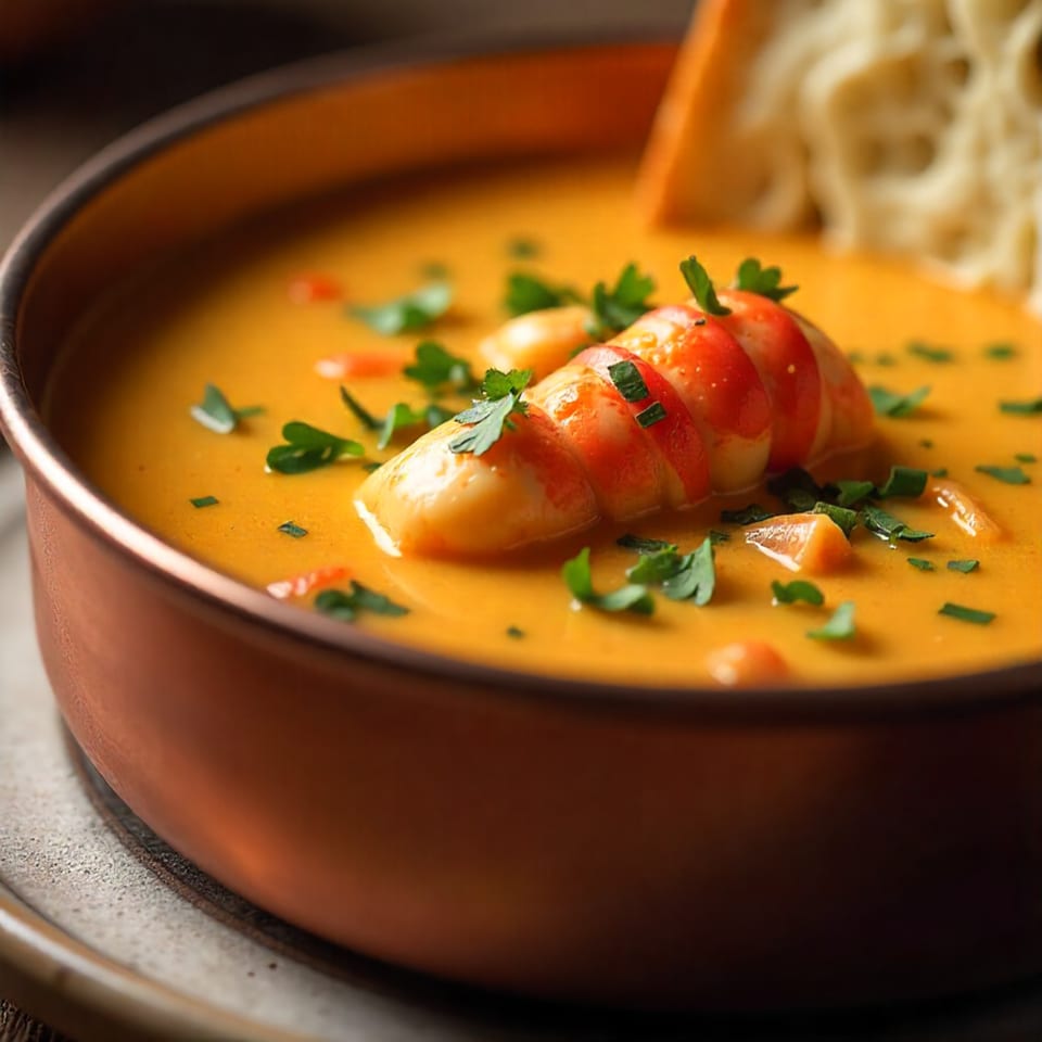 Rich orange lobster bisque in a copper bowl, garnished with lobster meat, parsley, and bread.