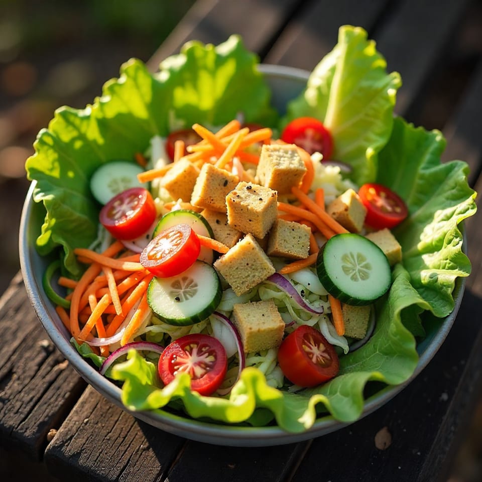 Fresh garden salad with lettuce, tomatoes, cucumbers, carrots, and croutons in a bowl.