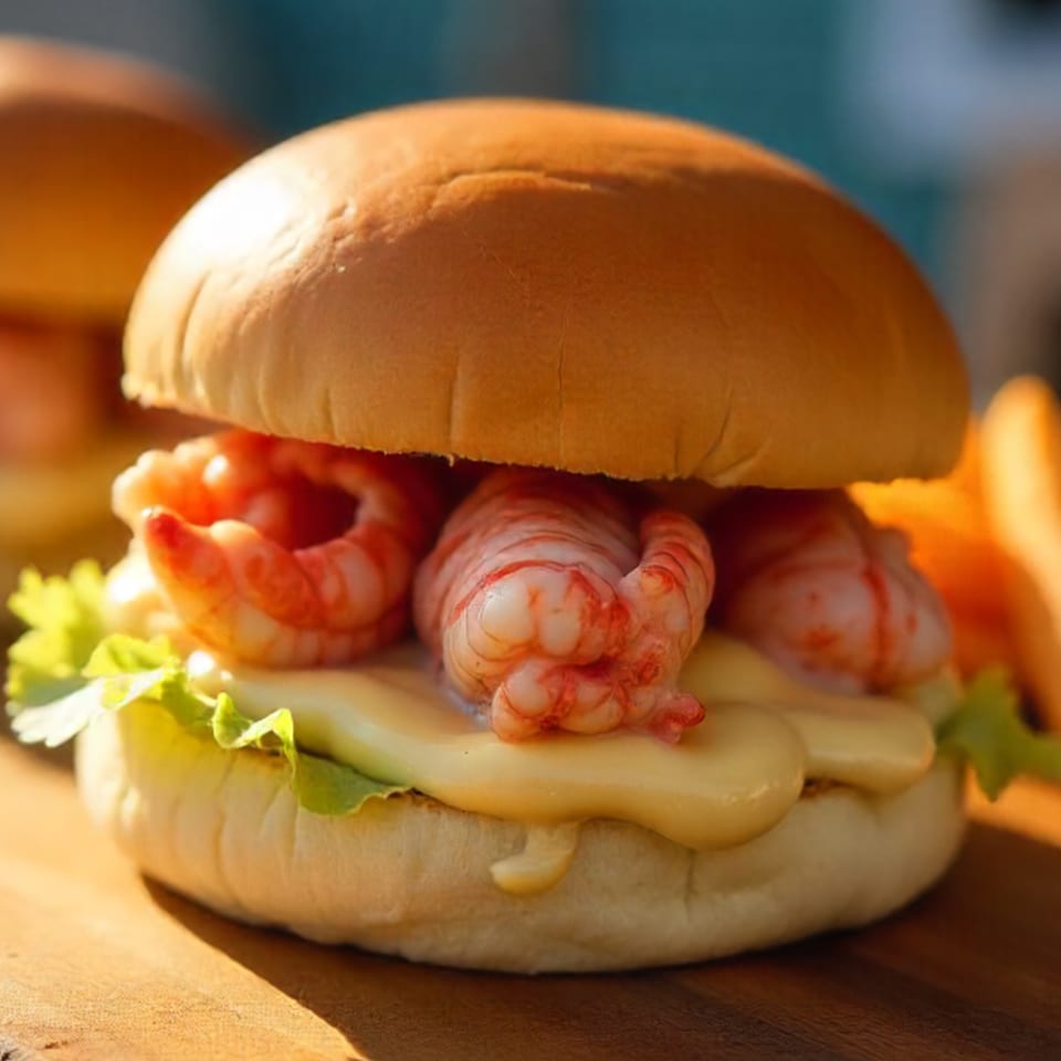 Boston Seafood Company's shrimp slider with lettuce and sauce on a wooden board.