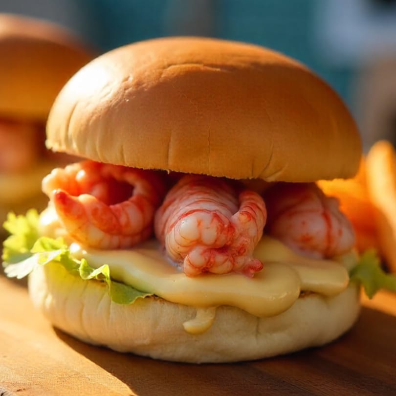 Boston Seafood Company's shrimp slider with lettuce and sauce on a wooden board.
