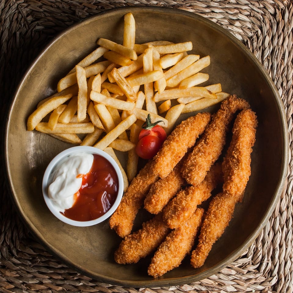 Crispy fried fish strips and golden french fries with ketchup and tartar sauce on a wooden plate.