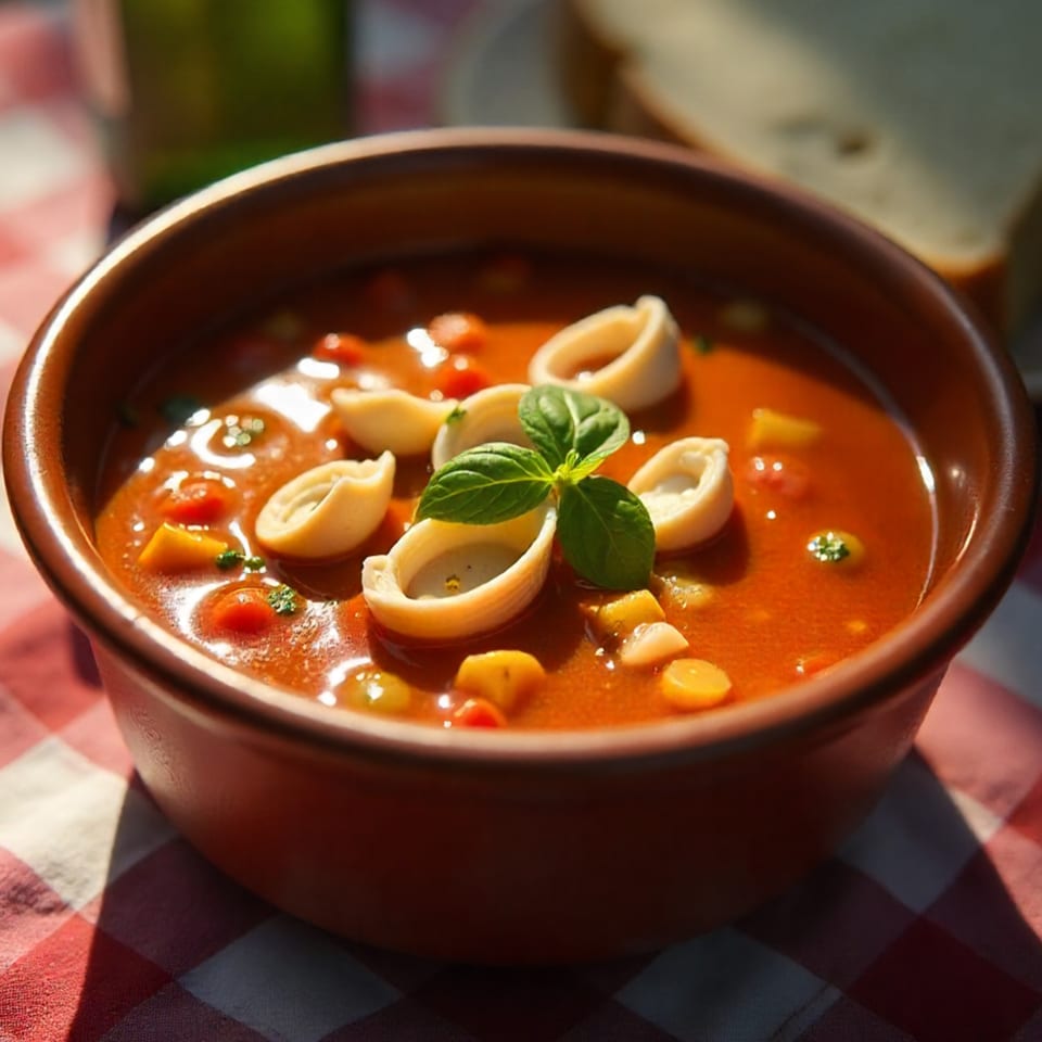 A bowl of Boston Seafood Company's seafood pasta soup with shell pasta and basil on a checkered tablecloth.